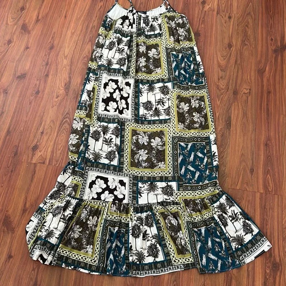 Karen Kane olive tropical palm tree pattern cream sundress maxi dress spaghetti